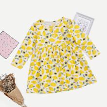 Shein Girls Button Decoration Lemon Print Dress
