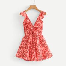 Shein Calico Print Ruffle Trim Knot Back Romper