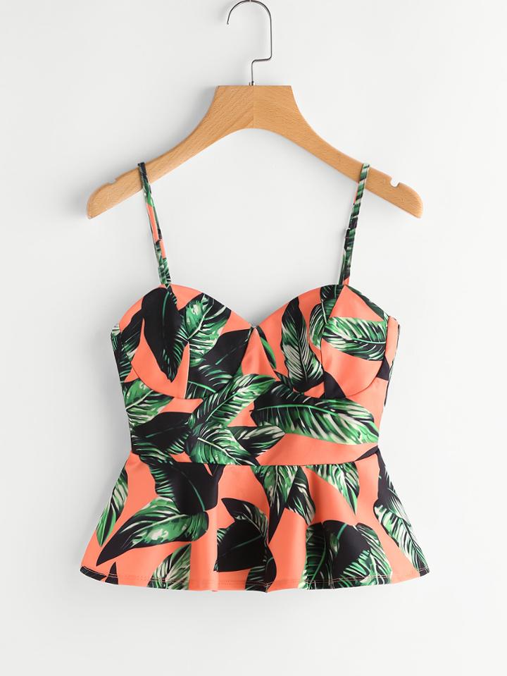 Shein Palm Leaf Print Peplum Bustier Cami Top
