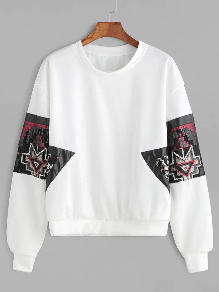 Shein White Drop Shoulder Contrast Pu Leather Sequin Sweatshirt