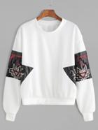 Shein White Drop Shoulder Contrast Pu Leather Sequin Sweatshirt
