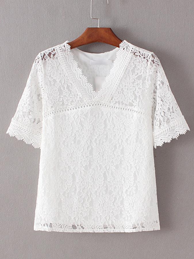 Shein White V Neck Crochet Lace Blouse
