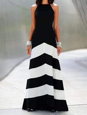 Shein Black White Monochrome Evening Sleeveless Striped Ankle Length Dress