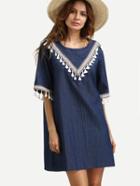 Shein Tasselled Tape Embellished Blue Denim Tunic Dress