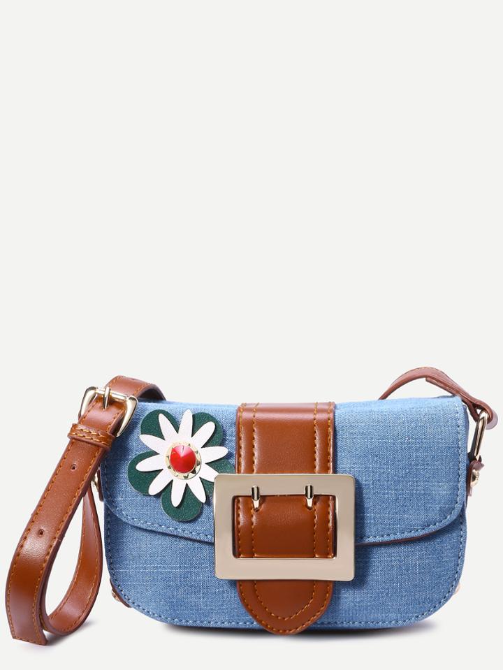 Shein Light Blue Flower Embellished Denim Crossbody Bag