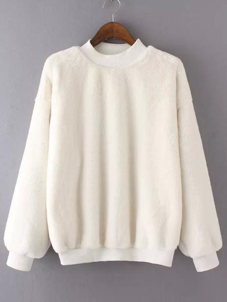 Shein White Crew Neck Rabbit Fur Loose Sweatshirt