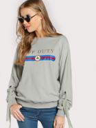 Shein Letter Print Eyelet Tied Sleeve Sweatshirt