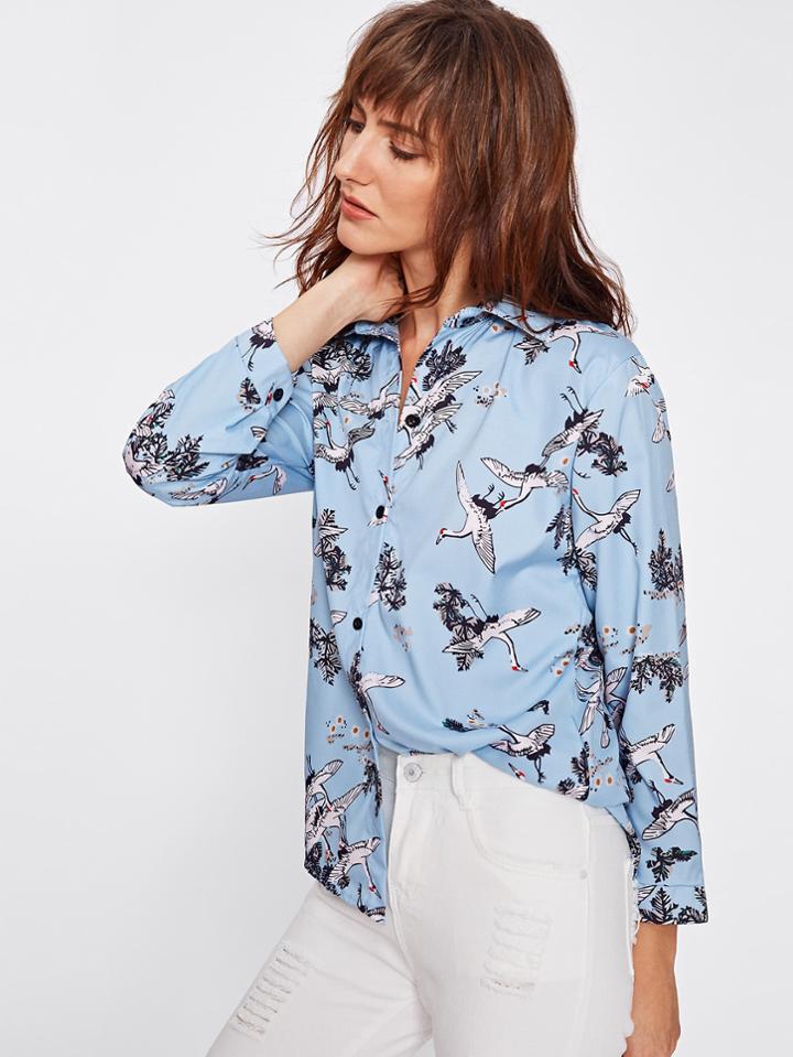 Shein All Over Cranes Print Shirt