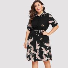 Shein Plus Crane Print Button Front Belt Detail Dress