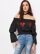 Shein Bardot Embroidered Appliques Trumpet Sleeve Crop Top