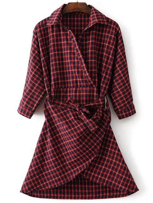 Shein Red Plaid Asymmetrical Shirt Dress With Bow Tie