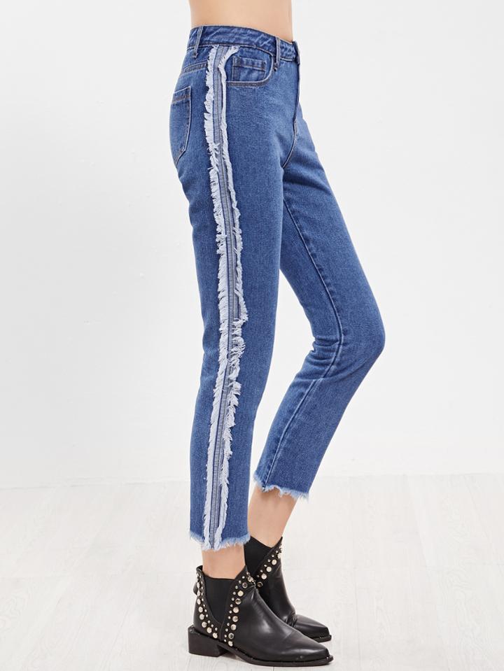 Shein Blue Frayed Sideseam And Hem Crop Jeans