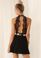 SheIn Black Halter Contrast Lace Backless Dress
