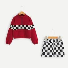 Shein Girls Zip Half Placket Checked Sweatshirt And Shorts Set