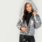 Shein Metallic Puffer Jacket With Faux Fur Trim Hood