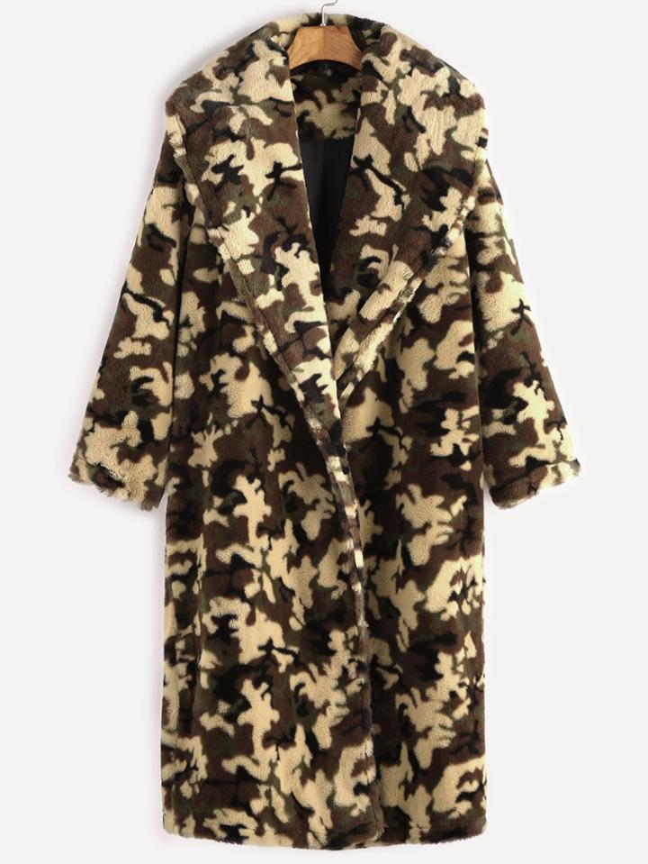 Shein Olive Green Shawl Collar Camo Fleece Coat