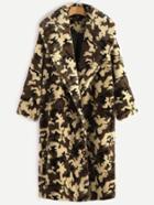 Shein Olive Green Shawl Collar Camo Fleece Coat