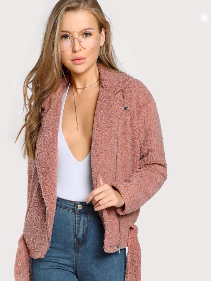 Shein Asymmetric Zip Sherpa Fleece Biker Jacket
