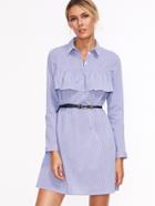 Shein Blue Vertical Striped Ruffle Trim Shirt Dress