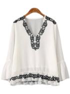 Shein Black White National Print Bell Sleeve Blouse