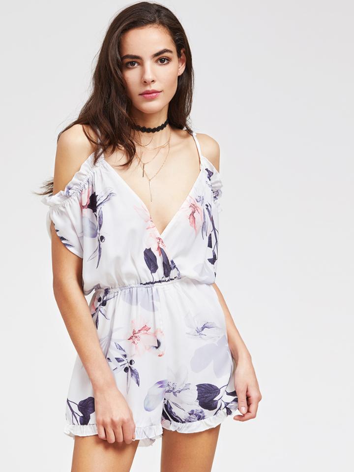 Shein Floral Print Plunging V-neckline Frill Hem Romper