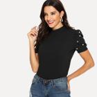 Shein Mock Neck Pearl Detail Puff Sleeve Tee