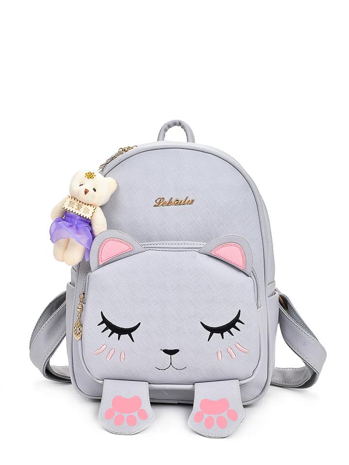 Shein Cat Print Backpacks With Bear Charm