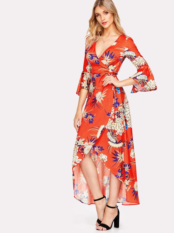 Shein Flounce Sleeve Tied Waist Wrap Dress