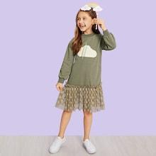 Shein Toddler Girls Contrast Mesh Cloud & Polka Dot Print Dress