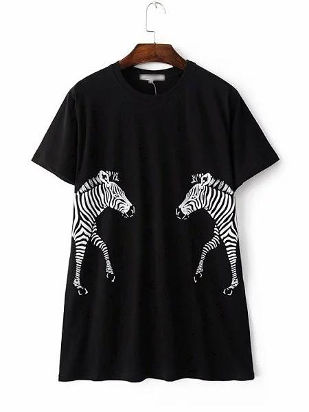 Shein Black Round Neck Zebra Printed T-shirt