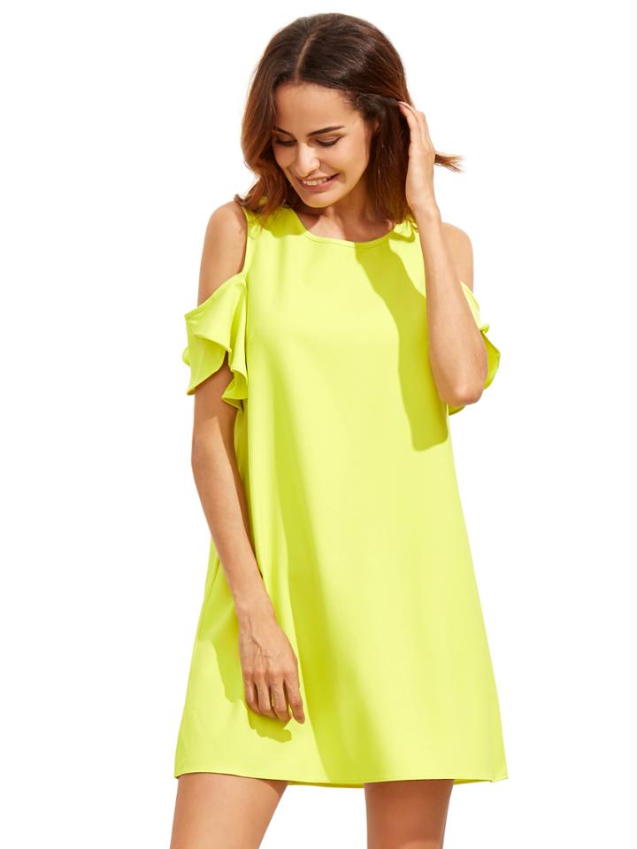 Shein Yellow Cold Shoulder Ruffle Sleeves Shift Dress