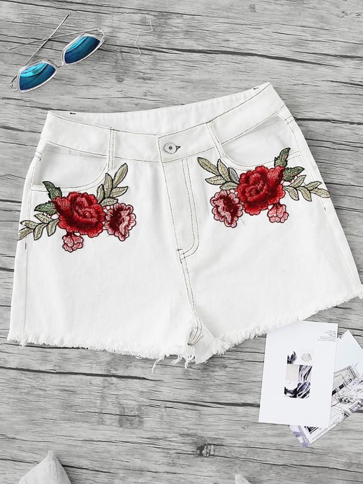 Shein Embroidered Rose Applique Cutout Frayed Topstitch Shorts