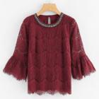 Shein Flounce Sleeve Faux Pearl Beading Lace Top