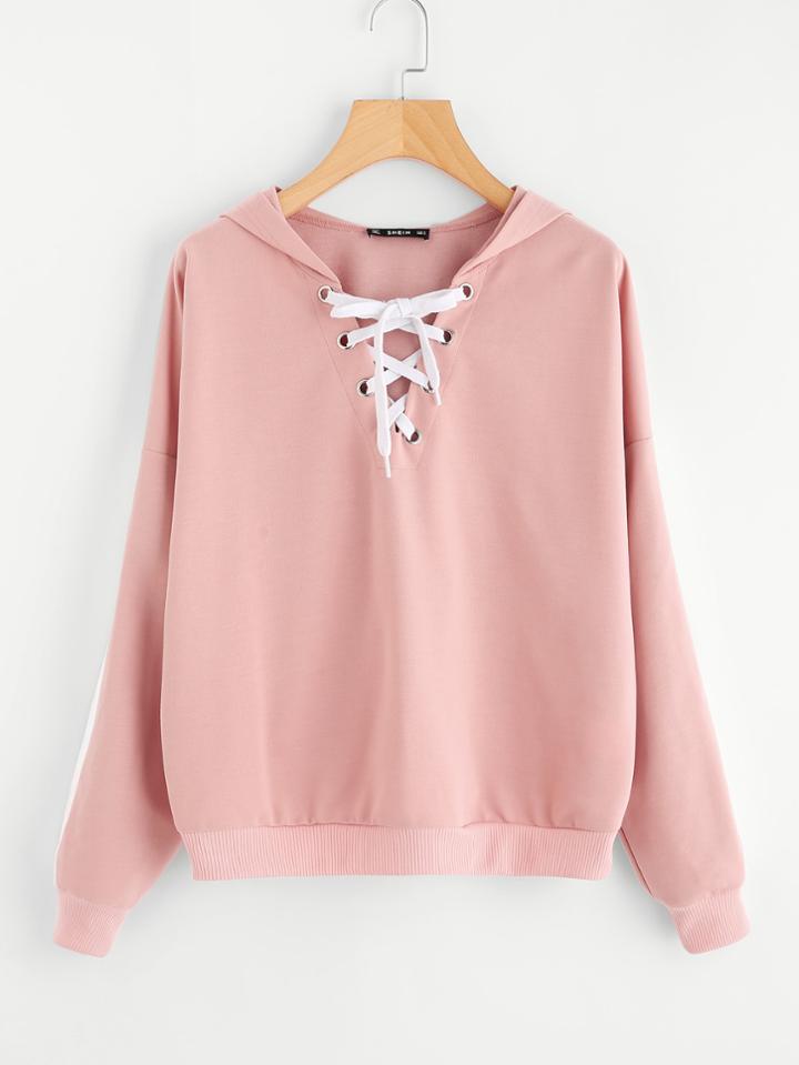 Shein Contrast Panel Sleeve Lace Up Hoodie