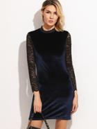 Shein Navy Contrast Lace Sleeve Keyhole Back Velvet Dress