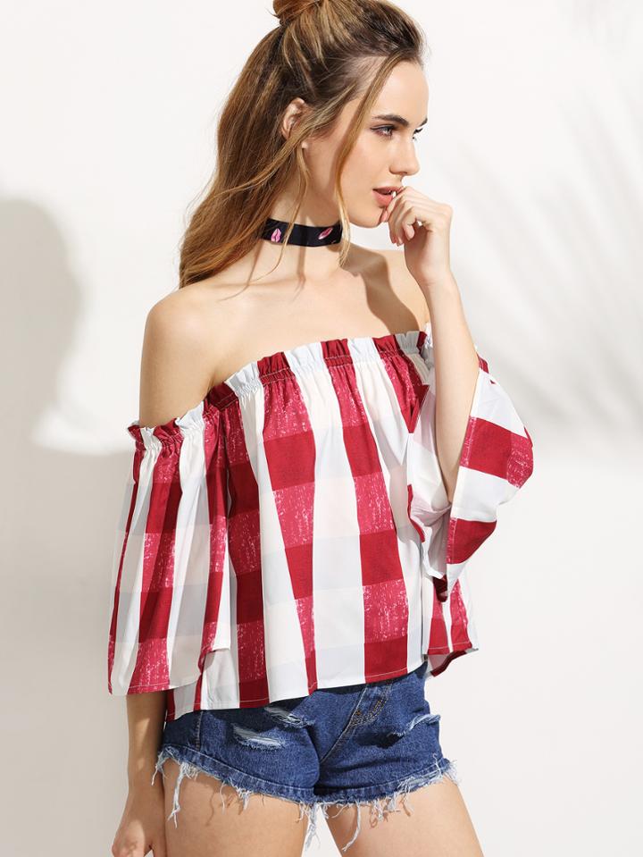 Shein Red Checkerboard Off The Shoulder Blouse