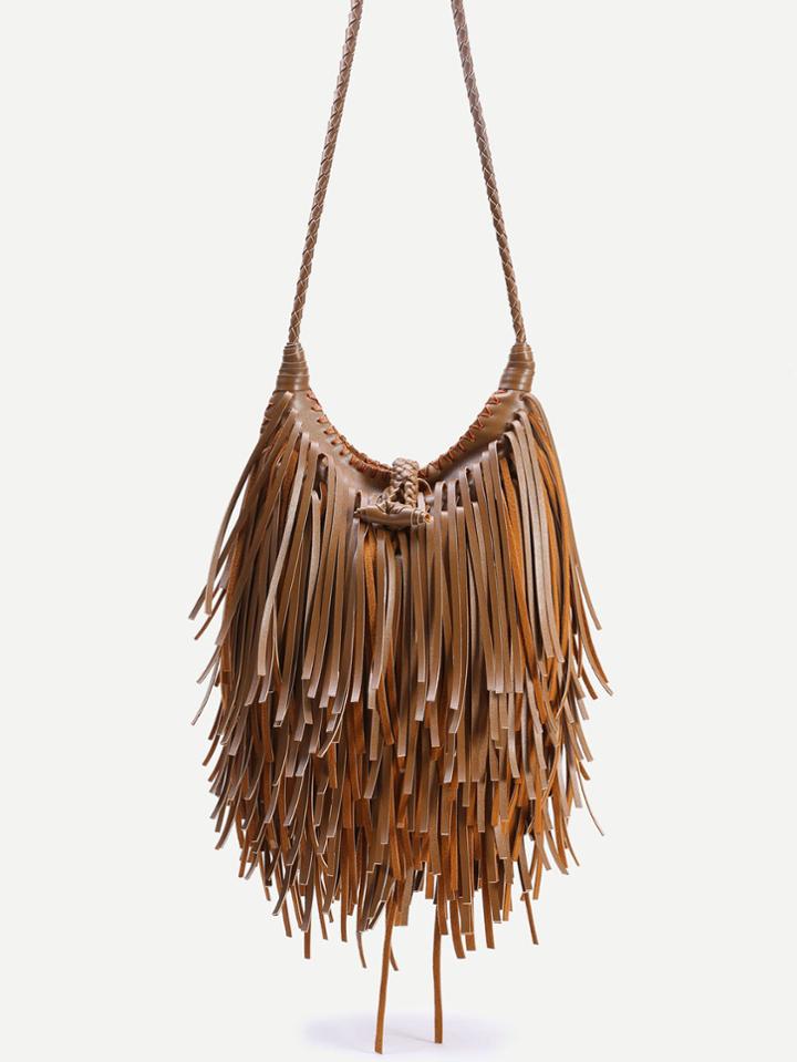 Shein Coffee Pu Tassel Fringe Crossbody Bag With Woven Strap
