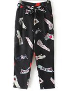 Shein Black Pockets Tie-waist Bow Printed Pants