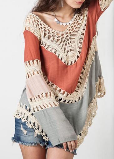 Rosewe V Neck Long Sleeve Pierced Blouse