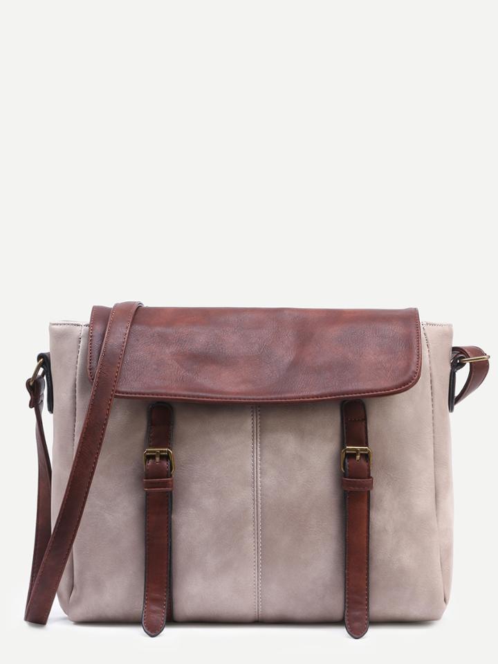 Shein Grey Contrast Flap Dual Buckled Strap Messenger Bag