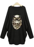 Rosewe Black Batwing Sleeve Owl Print Pullover Sweats