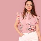 Shein Plus Tie Neck Floral Ruffle Blouse