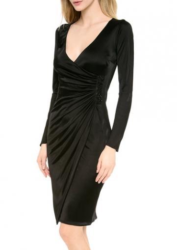 Rosewe Laconic Black V Neck Long Sleeve Wrap Dress