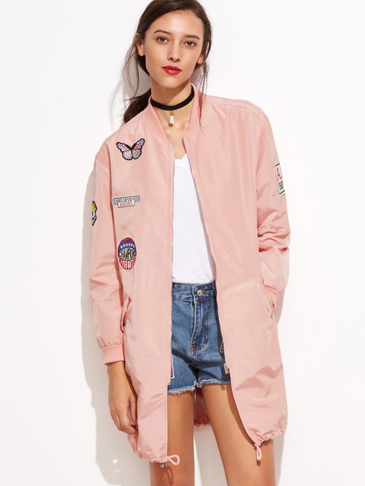 Shein Band Collar Embroidered Pockets Elasticized Trim Jacket