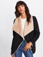 Shein Drape Collar Zip Detail Shearling Coat