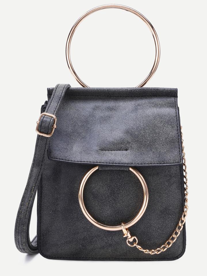Shein Dark Grey Faux Leather Metal Ring Shoulder Bag