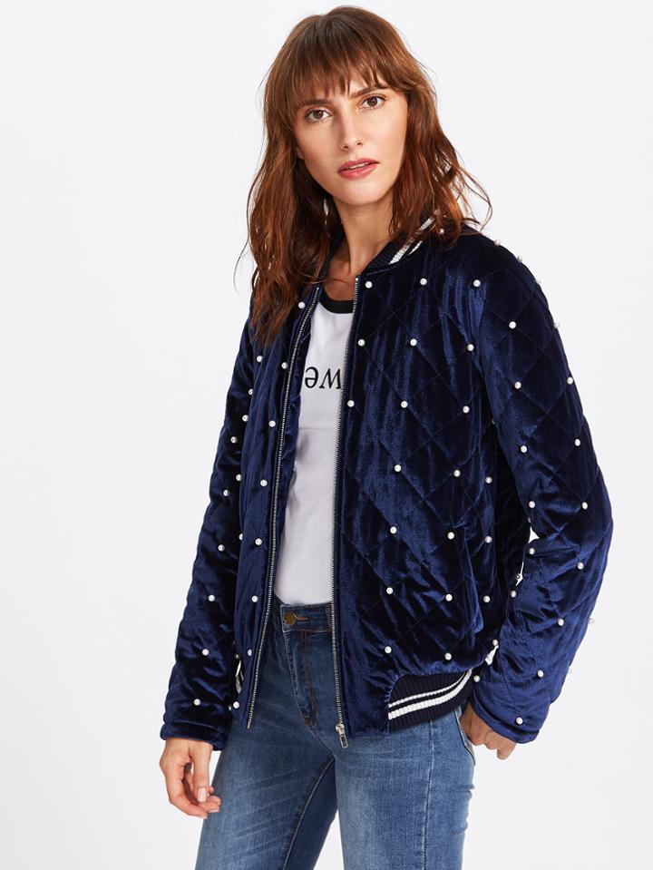 Shein Pearl Beading Quilted Velvet Bomber Jacket