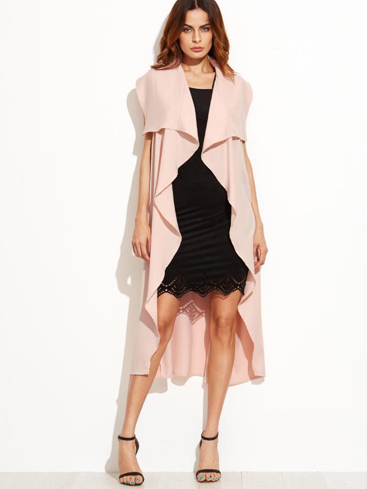 Shein Lapel Tie Waist Sleeveless Long Outerwear