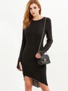 Shein Black Thumb Hole Sleeve Shirred Hem Asymmetric Distressed Dress