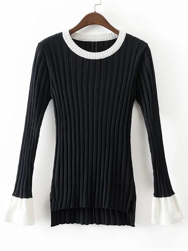 Shein Black Ribbed Bell Sleeve High Low Sweater